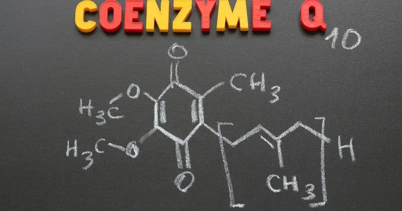 Benefits of Taking CoQ10 – Chalkboard with the molecular makeup of CoQ10.