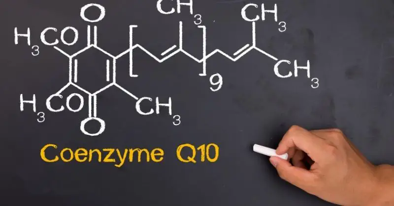 benefits of taking Coenzyme Q10. – Chalkboard with the molecular makeup of CoQ10.