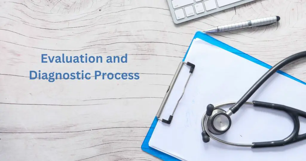 Stethoscope with a text box " Evaluation and diagnostic process"